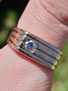 14K Yellow Gold Bezel Set Diamond Men's Striped Geometric Wide Band Ring 10.25